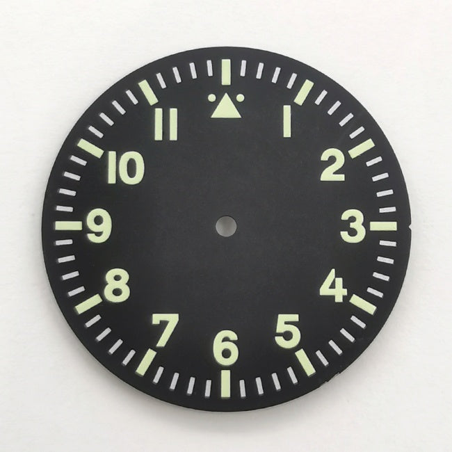 Black and green dial, Arabic numeral hour markers, customizable logo, available for models 8215 and NH35.