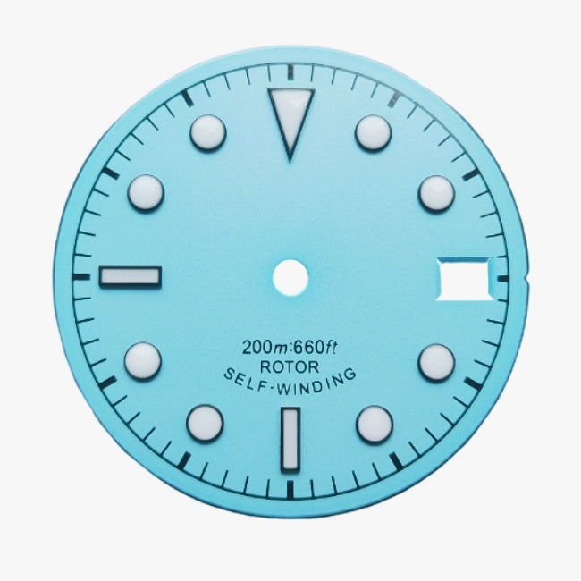 Blue and white military-style watch dial,