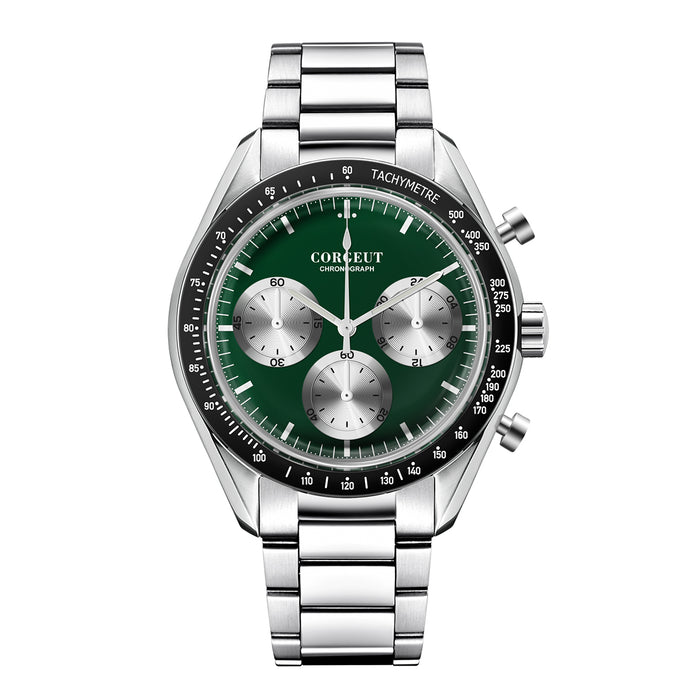 Corgeut Hot Sells High Quality 40mm Mineral Glass Stainless Steel Strap Black Dial Dive Chronograph Men Wrist Quartz Watches