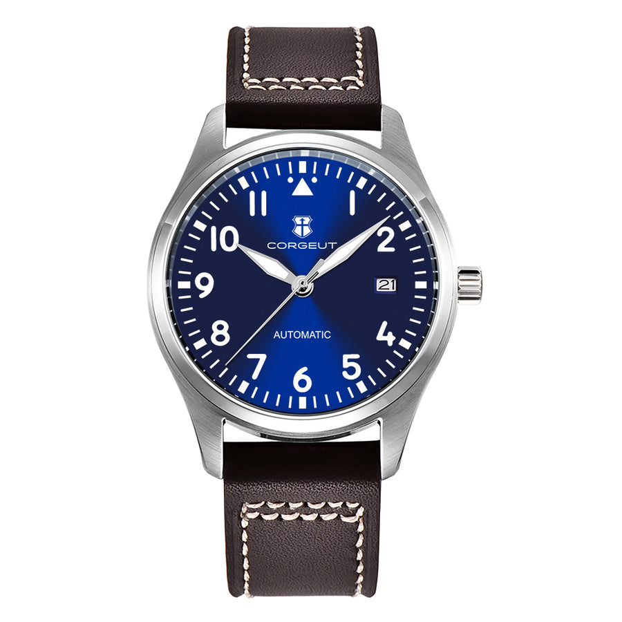 Corgeut 6015 Steel White Markers & Steel Hands Leather Automatic Watch