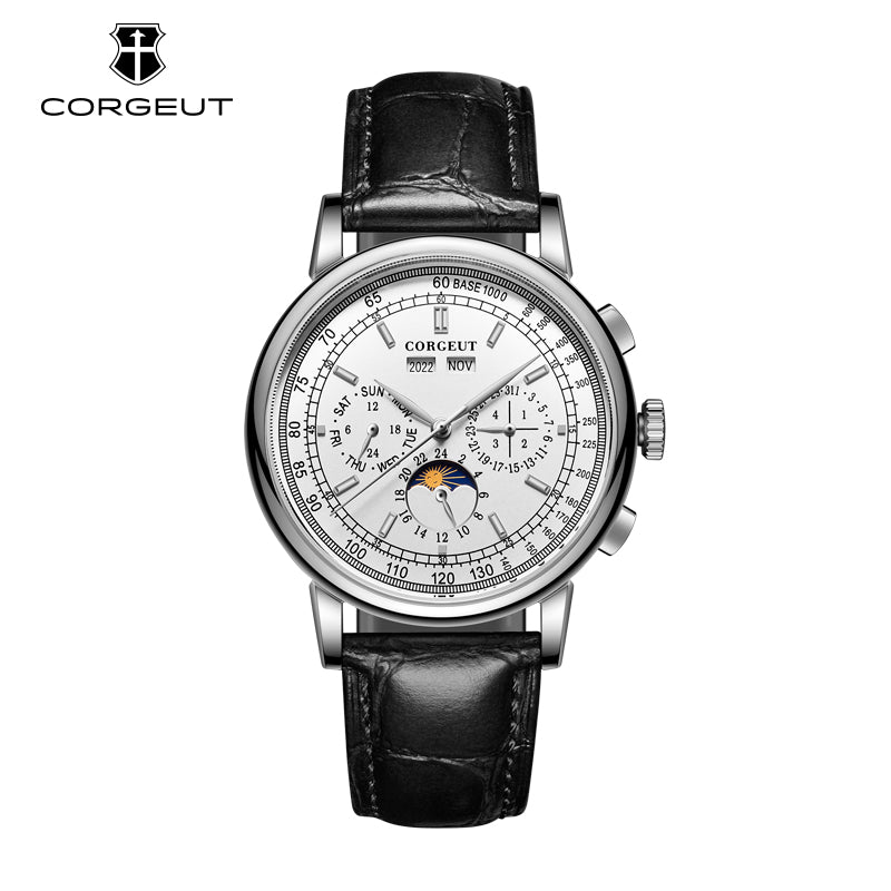 Corgeut 6016 Steel Silver Nails & Steel Hands Leather Hand-Wound Watch