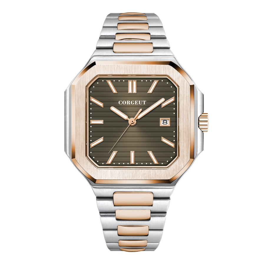 Corgeut 6032 Two-Tone Rose Rose Gold Nails Leather Automatic Watch