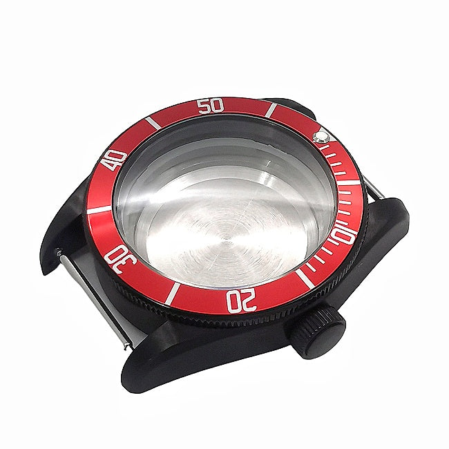 Dive-style watch case with a red bezel