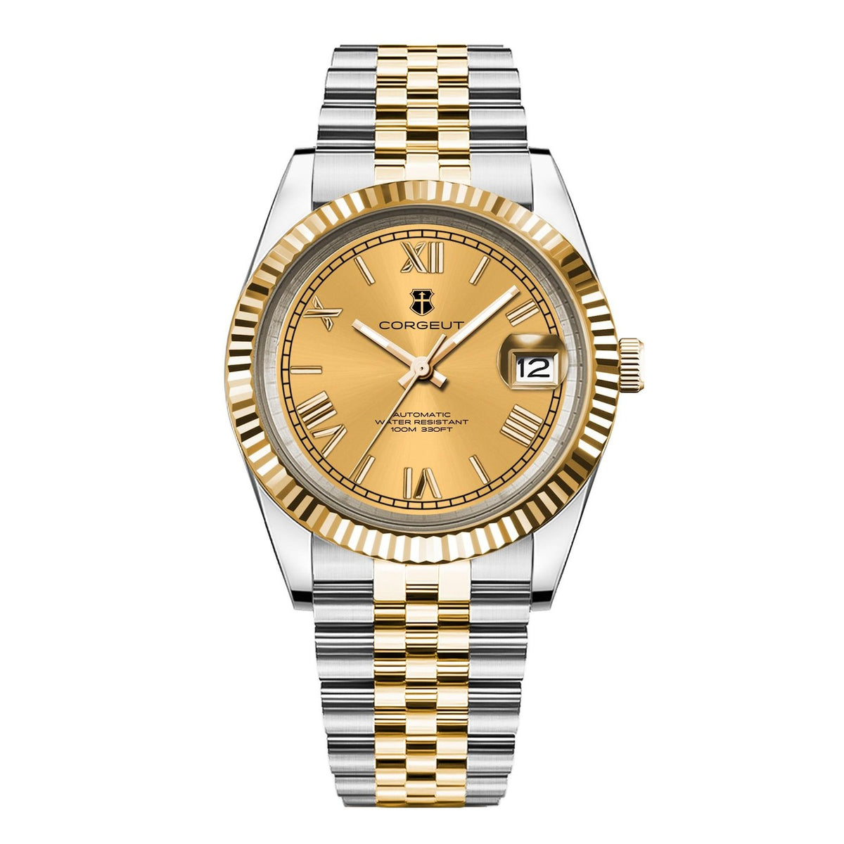 Corgeut 6002G Two-Tone Gold Fluted Bezel Steel Bracelet Automatic