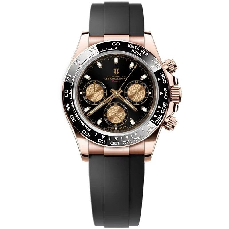 Corgeut 9002 Rose Gold Black Bezel Rubber Quartz Watch