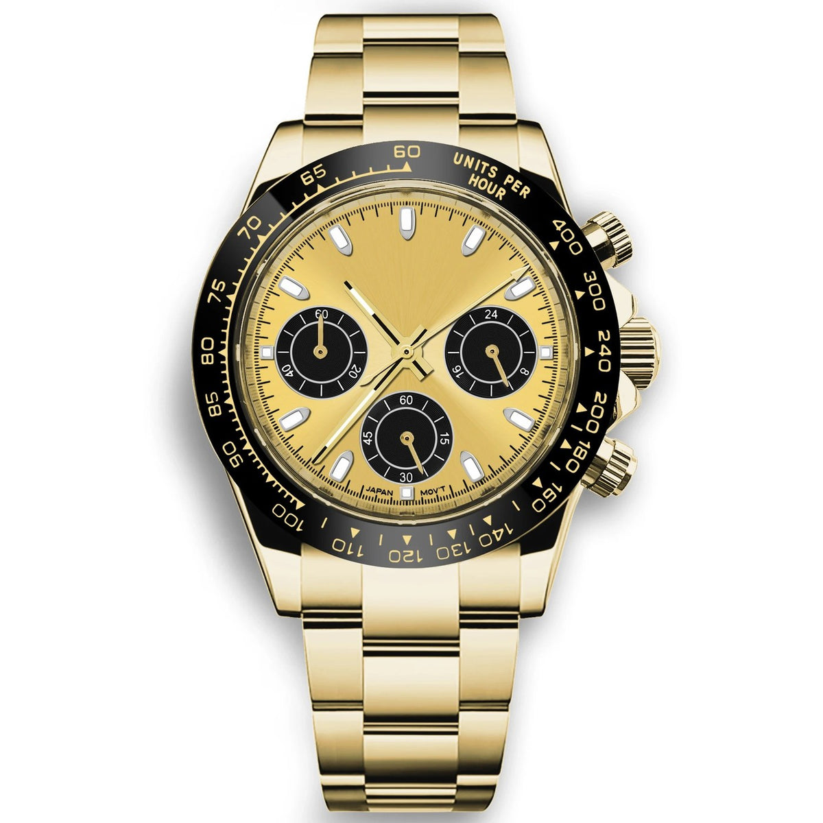 Corgeut 9002 Gold Black Bezel Steel Bracelet Quartz Watch